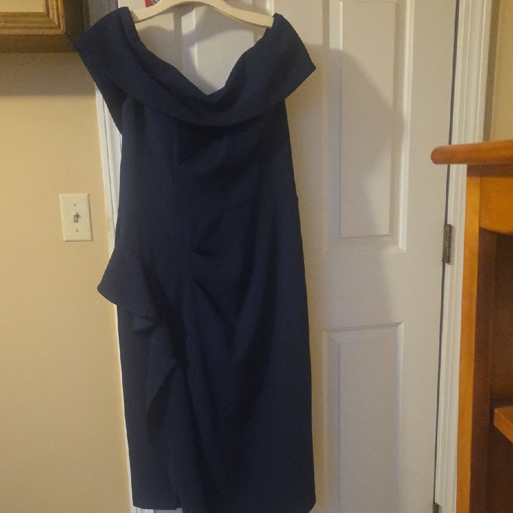 Betsy Adams Navy Off-Shoulder Midi Dress